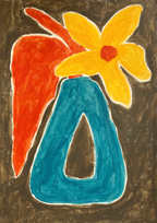 Yellow Blooms in Blue Vase, Acrylic on Paper