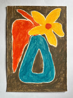 Yellow Blooms in Blue Vase, Acrylic on Paper